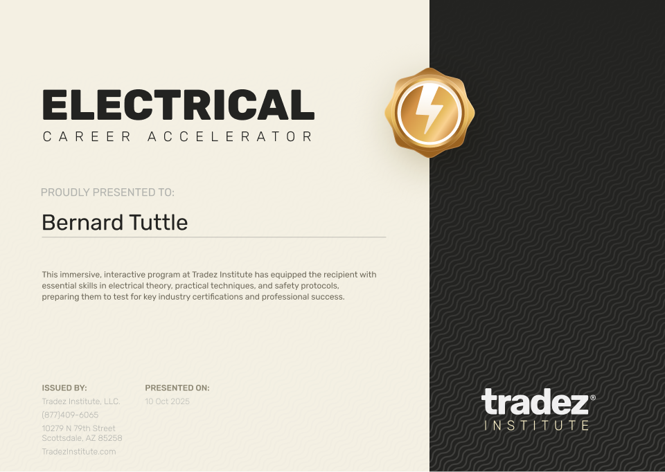 Tradez Institute Certificate of Completion for Online Trade Programs