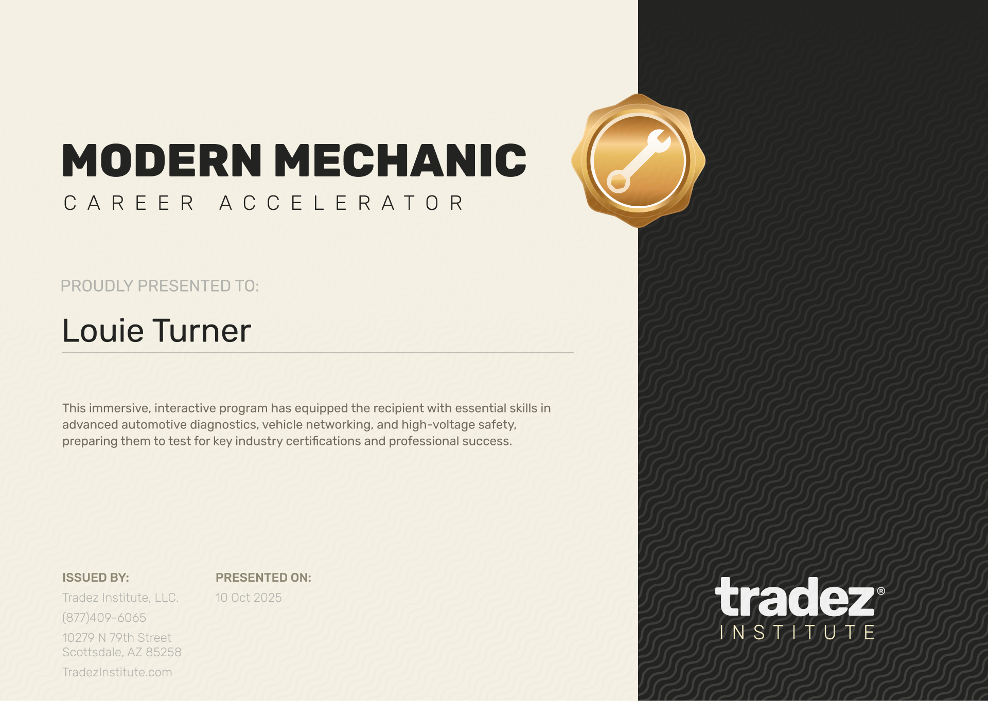 Tradez Institute Certificate of Completion for Online Trade Programs
